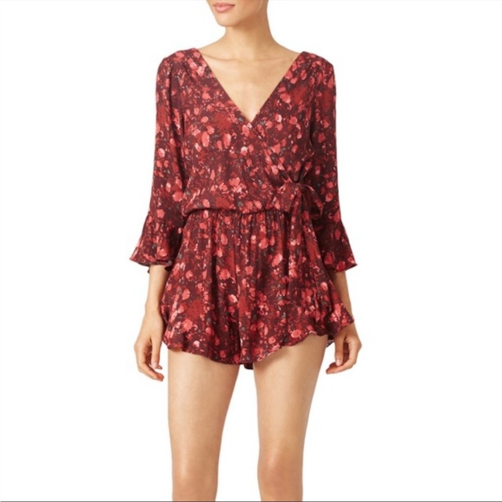 Free People All the Right Ruffles Rose Floral Berry Combo Romper